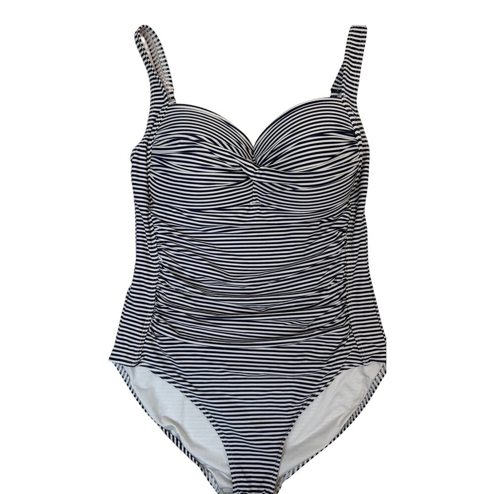 Nip Tuck Swim One Piece Swimsuit US 10 Navy White Stripe Tummy Control Ruched